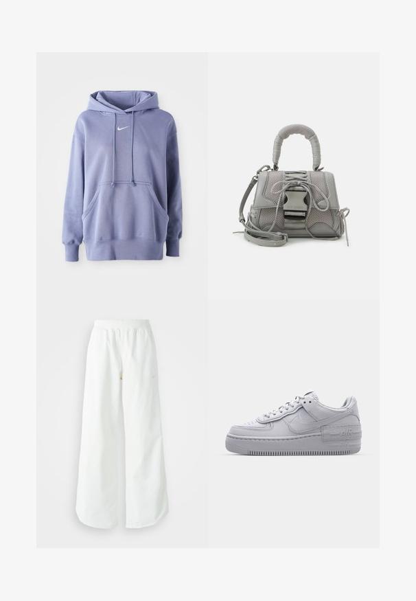 Απαλή μωβ Nike φούτερ, κατασκευασμένο από μαλακό ύφασμα, που διαθέτει μπροστινή τσέπη, κουκούλα με κορδόνι και ένα μικρό λευκό λογότυπο στο στήθος.; Λευκό αθλητικό παντελόνι σε φαρδιά γραμμή με ραμμένο ζώνη και διακριτική λεπτομέρεια λογότυπου. Απαλή υφή με άνετη εφαρμογή και στενό στρίφωμα.; Γκρι Nike Air Force 1 αθλητικό παπούτσι με πορώδη μύτη, λεία δερμάτινη επάνω επιφάνεια, χοντρή σόλα και ανάγλυφη λεπτομέρεια 'AIR' στην φτέρνα.; Γκρι τσάντα υφής με επενδεδυμένη λαβή, πλέγματα, ρυθμιζόμενο λουρί και μπροστινή κλειδαριά. Συμπαγής σχεδίαση με στρογγυλό σχήμα.