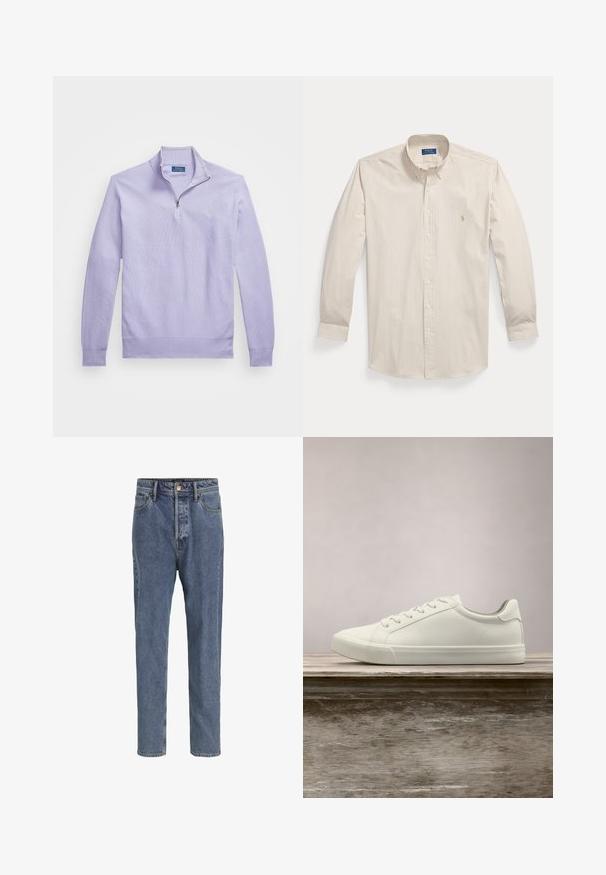 Lys lilla strikket pullover med lynlås i kvart længde, ribbede manchetter og kant; har et lille logo på brystet.; Langærmet beige og hvid langstribet skjorte med knapper foran, knaplukket krave og et lille broderet logo på brystet.; Lyseblå denimjeans med fem lommer, lige ben, knaplukning og bæltestropper, vist mod en ensfarvet baggrund.; Hvide snørresneakers svævende over en træbænk med grønne planter i baggrunden, der fremhæver skodesign og tekstur.