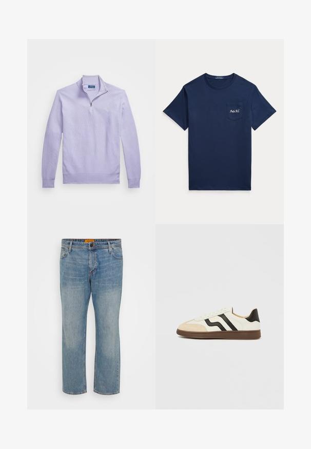 Lys lilla strikket pullover med lynlås i kvart længde, ribbede manchetter og kant; har et lille logo på brystet.; Marineblå T-shirt med korte ærmer, rund halsudskæring og brystlomme broderet med "Polo RL" i hvid.; Lyseblå denim jeans med lige ben, der har fem lommer, knaplukning og orange mærke på taljebåndet.; Hvid læder sneakers med sorte striber og tan ruskind tækkappe. Gummisål i mørkebrun. Snørebånd og polstret krave fuldender designet.