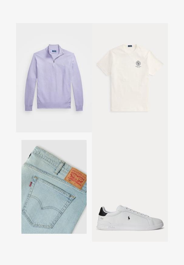 Lys lilla strikket pullover med lynlås i kvart længde, ribbede manchetter og kant; har et lille logo på brystet.; Hvid kortærmet Ralph Lauren t-shirt med lille mørkt emblem og "Ralph Lauren New York" tekst på venstre bryst.; Lyseblå Levi's jeans baglomme med signatur rød mærkat og brunt læderbrandlabel, der viser model 502 og sømdetaljer.; Hvid lavtop sneaker med sort hælfane, snørebånd og Polo Ralph Lauren-logo på siden, med præget såldetaljer.