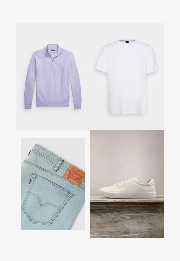 Lichtpaarse gebreide pullover met een kwart-rits sluiting, geribde manchetten en zoom; heeft een klein logo op de borst.; Witte katoenen T-shirt met een ronde hals en korte mouwen. Bevat een subtiele merketiket aan de hals. Glad materiaal, klassieke pasvorm.; Lichtblauwe achterzak van Levi's spijkerbroek met kenmerkende rode tab en bruine leren merklabel waarop model 502 en stikdetails te zien zijn.; Witte vetersneaker die boven een houten bank zweeft met groene bladeren op de achtergrond, waarbij het ontwerp en de textuur van de schoen worden getoond.