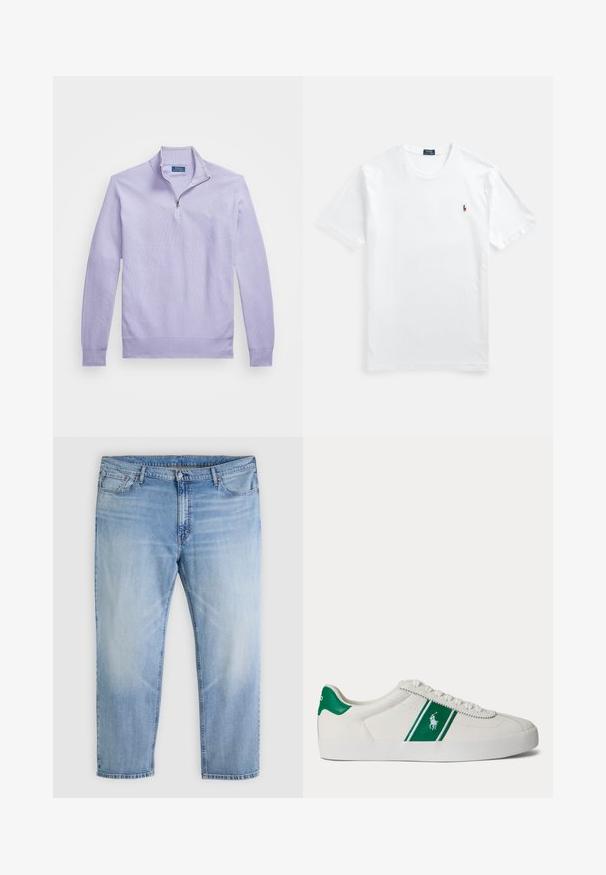 Lys lilla strikket pullover med lynlås i kvart længde, ribbede manchetter og kant; har et lille logo på brystet.; Hvid bomulds T-shirt med rund hals og korte ærmer, med et lille farverigt broderet logo på venstre bryst. Glat tekstur, klassisk pasform.; Lyseblå denimjeans med knap- og lynlåslukning foran, fem lommer og et lige ben; Hvid low-top sneaker med grøn stribe og Polo-logo på siden, grøn hæl-flik og hvide snørebånd, vist fra venstre side på ensfarvet baggrund.