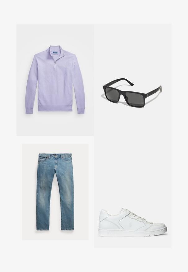 Lys lilla strikket pullover med lynlås i kvart længde, ribbede manchetter og kant; har et lille logo på brystet.; Lyseblå denimjeans med lige snit, knaplynlås, fem lommer, diskret slid og syninger som detalje.; Hvide lædersneakers med en glat tekstur, der har en perforeret tå, snørebåndslukning og broderet logo på siden. Hvid gummisål.; Sorte rektangulære solbriller med mørke linser og mat finish. Har et præget "POLO"-logo på stængerne og et robust rammedesign.