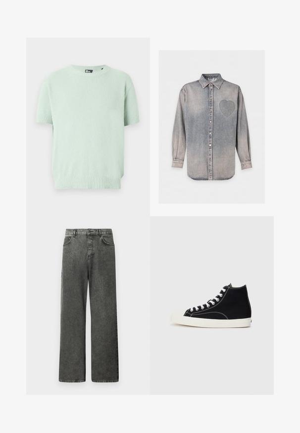 Pull en maille vert clair à manches courtes avec poignets, ourlet et encolure ras du cou côtelés, fabriqué en tissu texturé.; Chemise en denim gris à manches longues, avec un col et un cœur cousu sur le côté gauche de la poitrine.; Jeans en denim noir à jambes larges avec poches avant et arrière, passants de ceinture et fermeture bouton à la taille.; Baskets montantes en toile noires avec des lacets blancs, dotées d'un capuchon en caoutchouc et de surpiqûres blanches contrastantes.