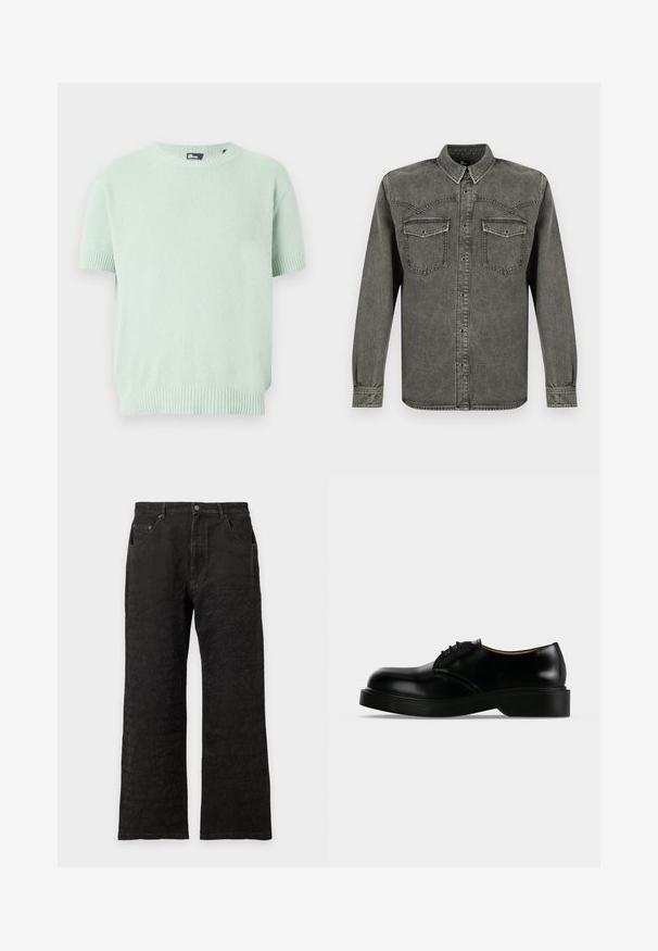 Pull en maille vert clair à manches courtes avec poignets, ourlet et encolure ras du cou côtelés, fabriqué en tissu texturé.; Chemise en jean noire à manches longues, délavée, avec boutons sur le devant et poches poitrine à rabat, présentée sur un fond blanc.; Jean noir à coupe droite avec poches avant, fermeture par boutons et motif texturé subtil sur tout le tissu.; Chaussure de ville noire en cuir poli à lacets, avec une semelle épaisse, un bout arrondi et un petit talon, montrée de profil sur un fond uni.
