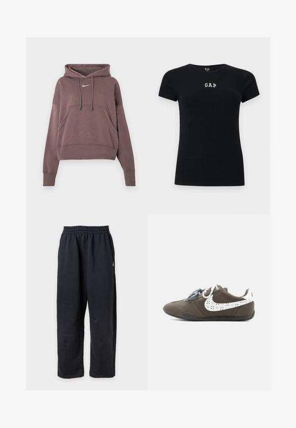 Καφέ κοντό hoodie με τσέπη μπροστά, κουκούλα με κορδόνια, ριμπ μανσέτες και στρίφωμα, και μικρό λευκό λογότυπο Nike στο στήθος.; Μαύρο εφαρμοστό μπλουζάκι με κοντά μανίκια, με λευκή επιγραφή «GAP» στο κέντρο του στήθους και στρογγυλή λαιμόκοψη.; Μαύρο φαρδύ παντελόνι φόρμας με ελαστική μέση και μικρό λευκό λογότυπο στη δεξιά πλευρά.; Γκρι αθλητικό παπούτσι χαμηλού προφίλ με δίχρωμες κορδόνια και λευκό διατρητό λογότυπο Swoosh στο πλάι, τοποθετημένο σε απλό ανοιχτόφωτο φόντο.