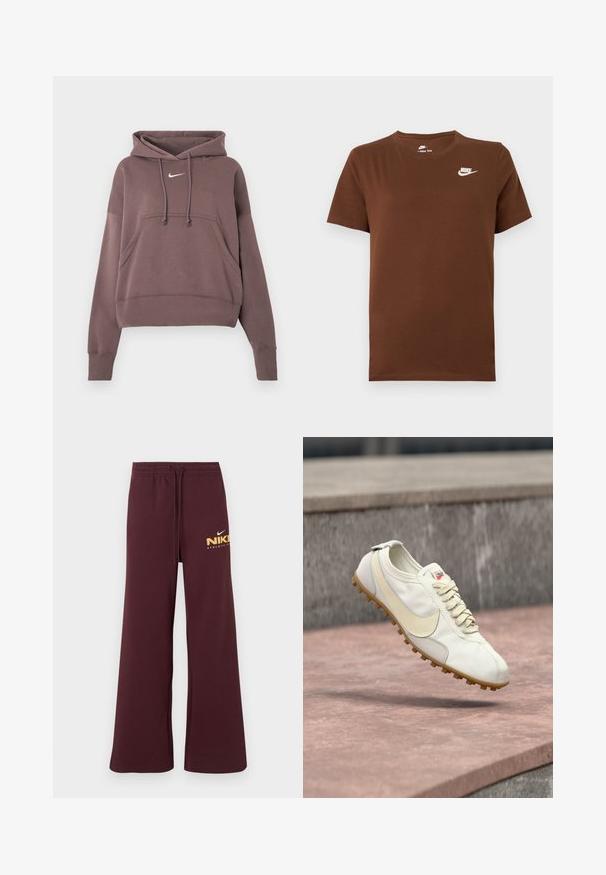 Καφέ κοντό hoodie με τσέπη μπροστά, κουκούλα με κορδόνια, ριμπ μανσέτες και στρίφωμα, και μικρό λευκό λογότυπο Nike στο στήθος.; Καφέ κοντομάνικη μπλούζα Nike με λευκό λογότυπο Nike στο αριστερό στήθος και στρογγυλή λαιμόκοψη, εμφανίζεται σε απλό φόντο.; Μπορντό φαρδύ παντελόνι φόρμας με κορδόνι στη μέση, με μικρό λευκό και κίτρινο λογότυπο Nike και το κείμενο "Athletic Club" στο δεξί μηρό.; Λευκό και μπεζ αθλητικό παπούτσι με κορδόνια και καουτσούκ σόλα να αιωρείται πάνω από μια πέτρινη επιφάνεια με θολό σκυρόδεμα φόντο.