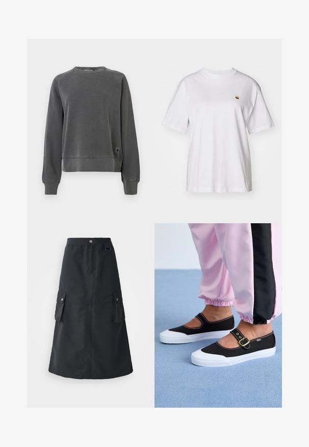 Crewneck sweatshirt σε σκούρο γκρι ύφασμα, με ριπ μανσέτες και στρίφωμα, και μια μικρή λογότυπο ετικέτα στη χαμηλή πλευρά. Μαλακή υφή.; Λευκό βαμβακερό μπλουζάκι με χαλαρή εφαρμογή, κοντά μανίκια, και ένα μικρό κεντητό λογότυπο στην αριστερή περιοχή του στήθους.; Μαύρη φούστα μέχρι το γόνατο από ελαφρύ ύφασμα, με ελαστική μέση, δύο τσέπες cargo και διακριτική γυαλάδα.; Μαύρα καμβά παπούτσια με λευκή σόλα, με σχέδιο κοπής και χρυσό λουρί. Φορεμένα με ροζ φόρμες.