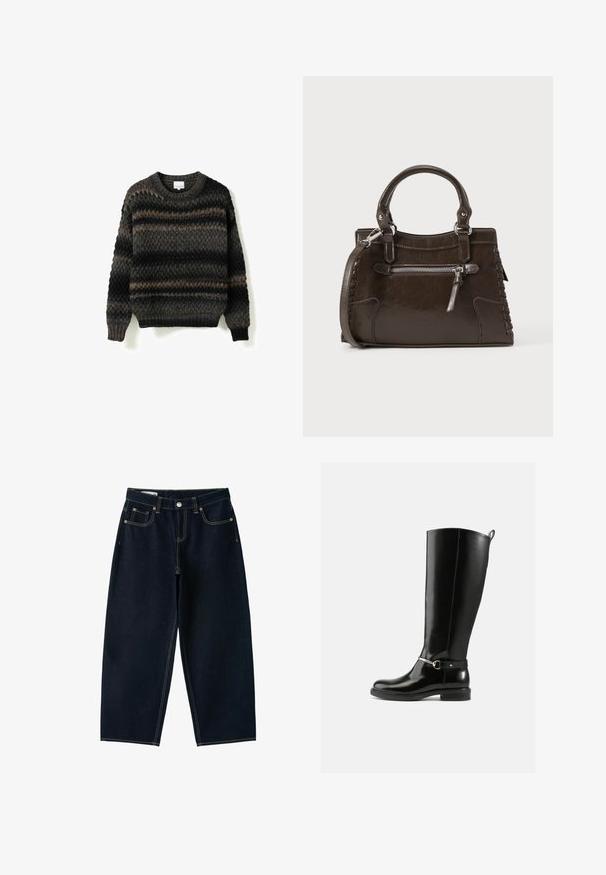Pull en tricot avec un col rond, teintes gris foncé et marron, motif texturé, et bords côtelés aux poignets et à l'ourlet. Coupe légèrement ample.; Jean bleu foncé à jambes larges, taille haute, bouton sur le devant, fermeture éclair et cinq poches avec coutures apparentes.; Bottes noires montantes en cuir verni, avec un détail de boucle argentée à la cheville et une conception à bout arrondi. Semelle plate.; Sac à main en cuir marron avec poignées supérieures, poche avant zippée et détails tissés sur les côtés. Texture lisse et forme structurée.