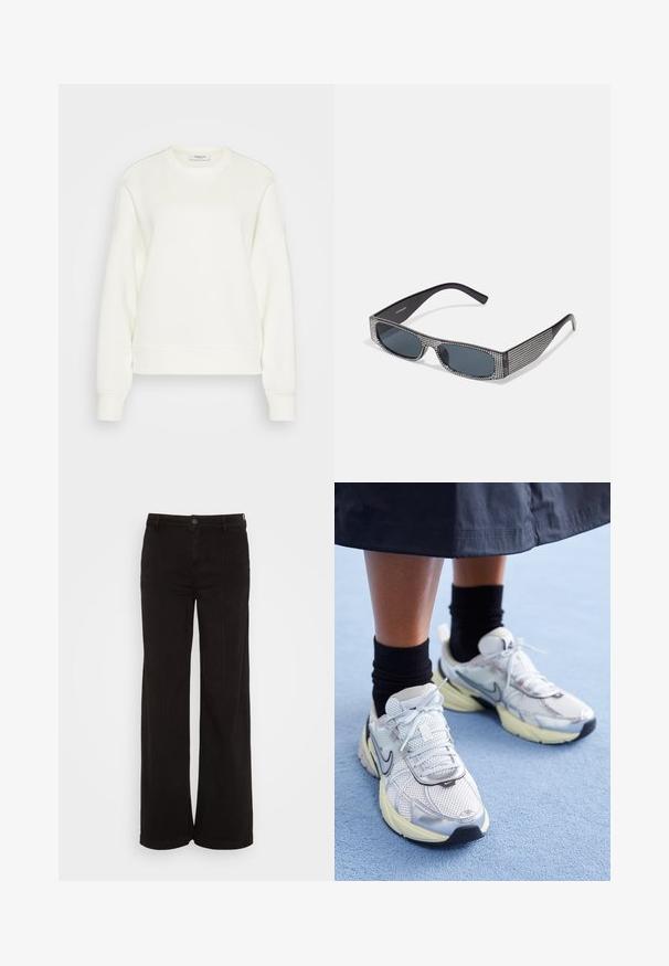Crewneck sweatshirt i off-white, lavet af blødt bomuldsblanding. Har lange ærmer, en afslappet pasform samt ribbet kant og manchetter.; American Eagle BAGGY WIDE LEG - Wide leg - black wash; Hvide og sølv Nike sneakers med mesh-stof, reflekterende detaljer og en beige sål. Bæres med sorte sokker og står på en blå overflade.; Sorte solbriller med grå linser, der har et gittermønster af små metalliske rhinsten langs stellet. Glat overflade, kantede design.