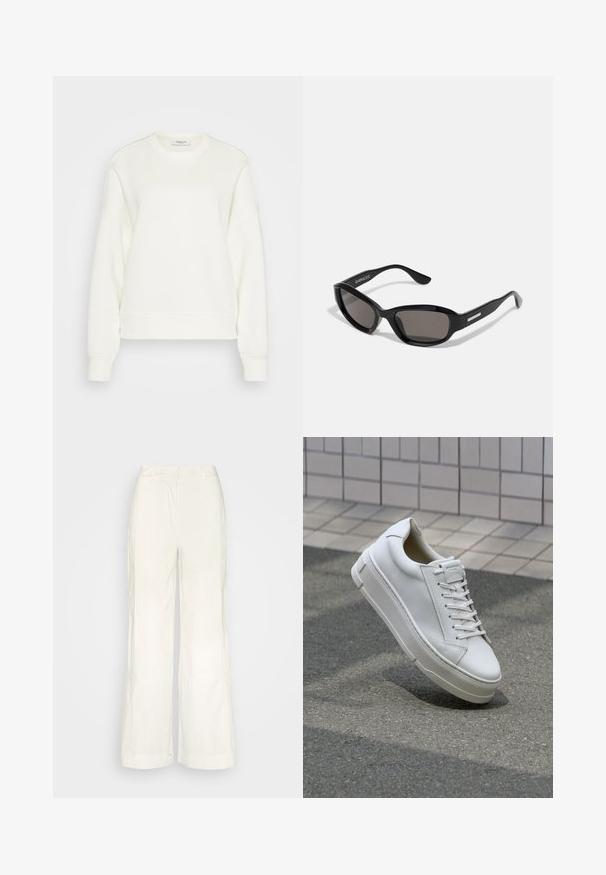 Crewneck sweatshirt i off-white, lavet af blødt bomuldsblanding. Har lange ærmer, en afslappet pasform samt ribbet kant og manchetter.; Sofie Schnoor TROUSERS - Bukser - cream; Hvide lædersneakers med lavt design, flade snører, rund tå og strukturerede sider. Tyk gummisål med diskrete detaljer.; Sorte solbriller med rektangulært stel, mørke linser, glat plastmateriale og en metalaccent på templet.