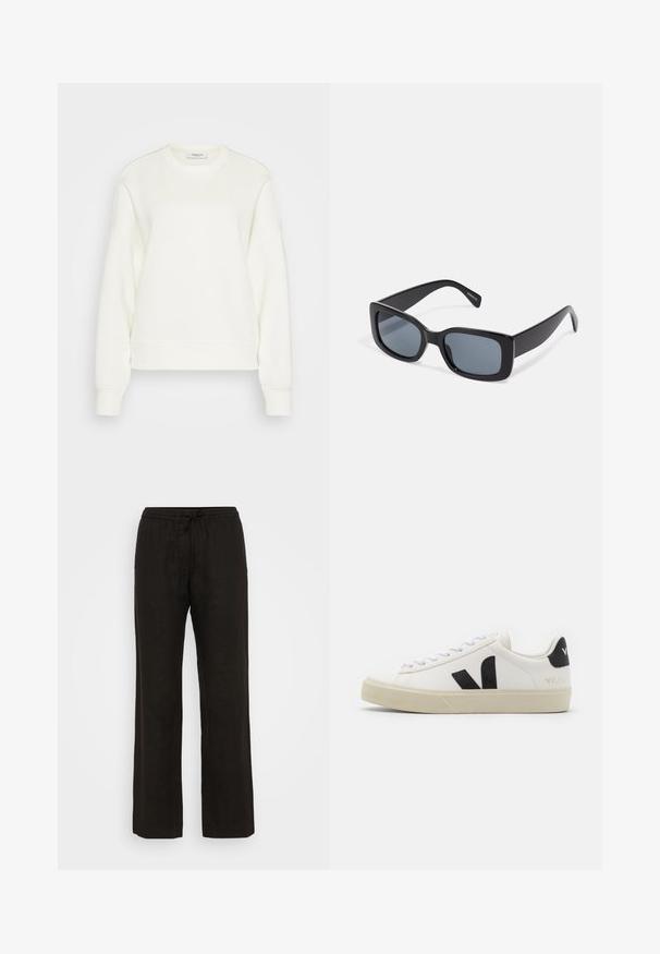 Crewneck sweatshirt i off-white, lavet af blødt bomuldsblanding. Har lange ærmer, en afslappet pasform samt ribbet kant og manchetter.; Sorte linnedbukser med en afslappet pasform, der har en elastisk talje og justerbar snøring. Glat tekstur og bred ben design.; Hvide lædersneakers med sort gummiv V-logo. Tekstureret off-white sål, hvide snørebånd og bagside med brandnavn i sort.; Sorte rektangulære solbriller med mørkt tonede linser, tyk plastramme og brede stænger. Glat overflade og kantet design.