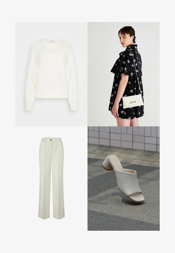 Huppari, jossa on pyöreä kaula-aukko, off-white väri, valmistettu pehmeästä puuvillasekoitteesta. Omaavat pitkät hihat, rennon leikkauksen sekä resorit helmassa ja hihoissa.; Valkoisen sävyiset, suorat housut, joissa on vyölenkit ja yksittäinen nappisuljin vyötäröllä.; Yksittäinen valkoinen avoimilla varpailla varustettu mule-loaferi palikkakorolla laatoitetun seinän lähellä päällystetyllä maalla, kallistettuna näyttämään sivu- ja yläpuolen näkymiä.; Musta mekko, jossa on valkoisia nauhamalleja, lyhyet hihat, olkapäissä frillityksiä. Valkoinen clutch-laukku, jossa on kultaketju ja –klipsi, pidetään oikeassa kädessä.