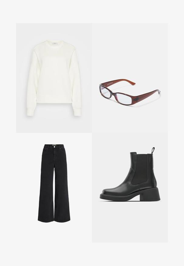 Crewneck sweatshirt i off-white, lavet af blødt bomuldsblanding. Har lange ærmer, en afslappet pasform samt ribbet kant og manchetter.; Breddebenede sorte denimjeans med fem lomme-design, høj talje og knaplukning. Har diskret syninger og en ren finish.; Sorte læder ankelstøvler med elastiske sidepaneler, afrundet tå og en kraftig blokhæl. Glat tekstur med et minimalistisk design.; Brune-farvede rektangulære briller med en glat overflade, der har slanke arme og gennemsigtige linser. Logoet er synligt på venstre temple.