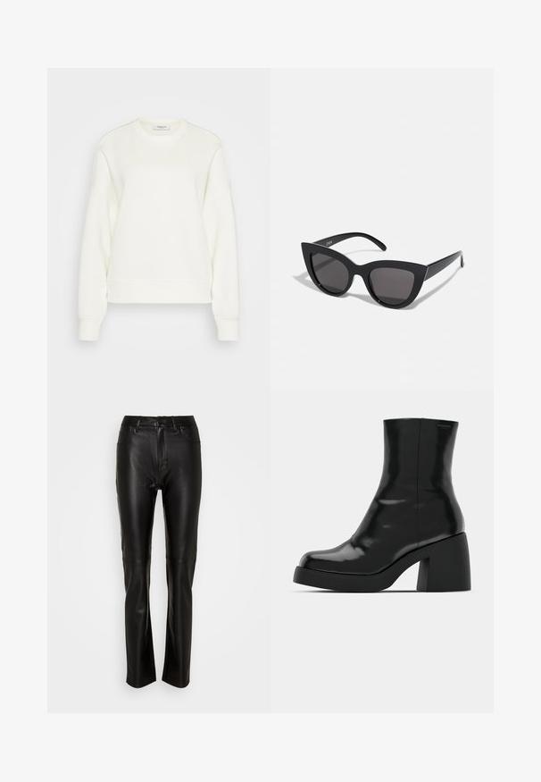 Φούτερ με στρογγυλή λαιμόκοψη σε off-white από μαλακή μίξη βαμβακιού. Διαθέτει μακριά μανίκια, χαλαρή εφαρμογή και ριμπ μανσέτες και στρίφωμα.; Μαύρο δερμάτινο παντελόνι με λεία υφή, κοπή slim, και κανονική μέση, διαθέτει κλείσιμο με κουμπί και δύο μπροστινές τσέπες.; Μαύρες μπότες μέχρι τον αστράγαλο με γυαλιστερό φινίρισμα, τετράγωνη μύτη και χοντρό τακούνι. Ο σχεδιασμός περιλαμβάνει μια χωρίς ραφές σιλουέτα και ελάχιστη επωνυμία.; Μαύρα γυαλιά ηλίου με σχήμα γατίσιας ματιού και ματ φινίρισμα, με γκρι φακούς και αιχμηρές γωνίες, καθώς και κομψά μπράτσα. Το όνομα της μάρκας είναι ορατό στο εσωτερικό του μπράτσου.
