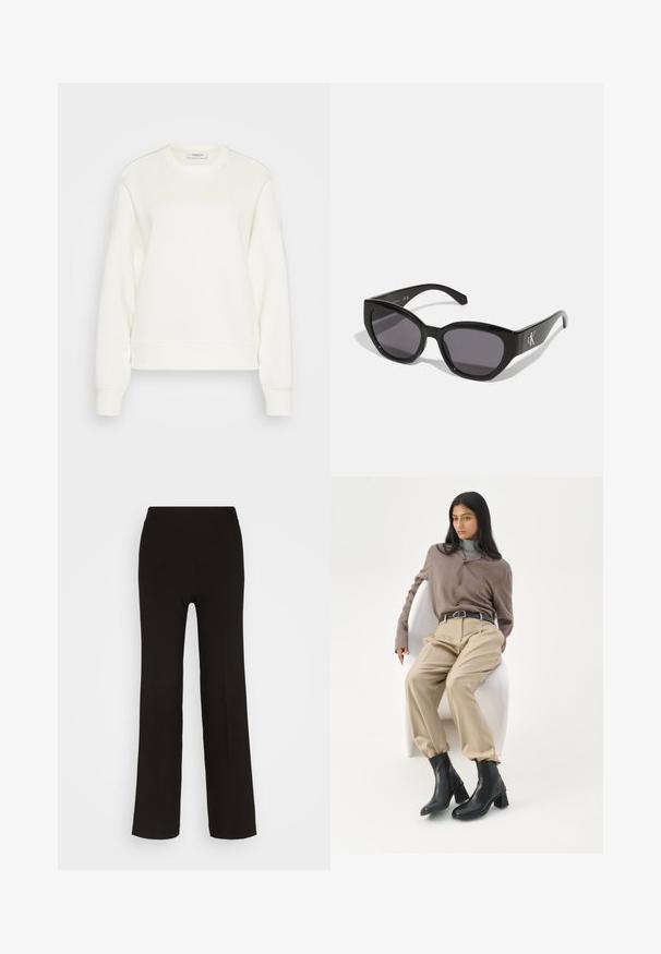 Crewneck sweatshirt i off-white, lavet af blødt bomuldsblanding. Har lange ærmer, en afslappet pasform samt ribbet kant og manchetter.; Sorte, vide benbukser lavet af et glat stof med en tætsiddende høj talje og uden synligt hardware eller mønstre.; Kvinde med langt sort hår, der læner sig op ad en hvid buet stol iført en taupe bluse, beige bukser, sort bælte og sorte ankelstøvler med hæl.; Sorte solbriller med et strømlinet, vinklet design, mørke linser og et kontrasterende sølvlogo på siden. Glat plastoverflade.