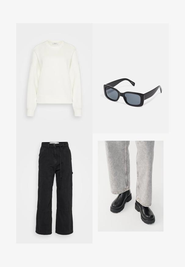 Crewneck sweatshirt i off-white, lavet af blødt bomuldsblanding. Har lange ærmer, en afslappet pasform samt ribbet kant og manchetter.; Sorte brede bukser lavet af bomuld med en tekstureret overflade. Har en bæltefri talje og syninger ved knæene for ekstra detaljer.; Vagabond COSMO - Plateaustøvletter - black; Sorte rektangulære solbriller med mørkt tonede linser, tyk plastramme og brede stænger. Glat overflade og kantet design.