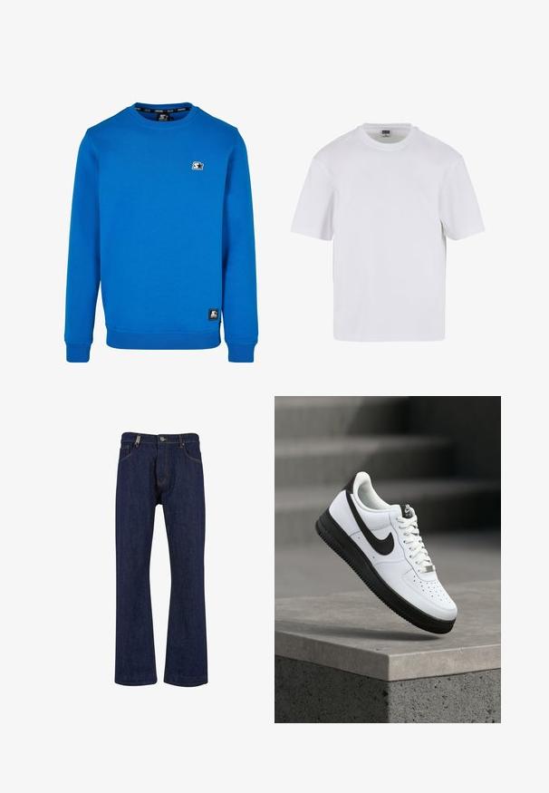 Blå crewneck sweatshirt lavet af bomuldsblanding med ribbede manchetter og kant. Har et lille sort og hvidt logo på brystet.; Hvid kortærmet t-shirt lavet af bomuld. Har en rund halsudskæring og en afslappet pasform. Glat tekstur, minimalistisk design, ingen mønstre eller accenter.; Mørkeblå denimjeans med flagrende ben design, kontrastsyninger, frontknaplukning og femlomme-stil.; Hvid lædersneaker med sorte detaljer, rundet tå og perforerede detaljer. Sort gummisål med tekstureret mønster og snørelukning.