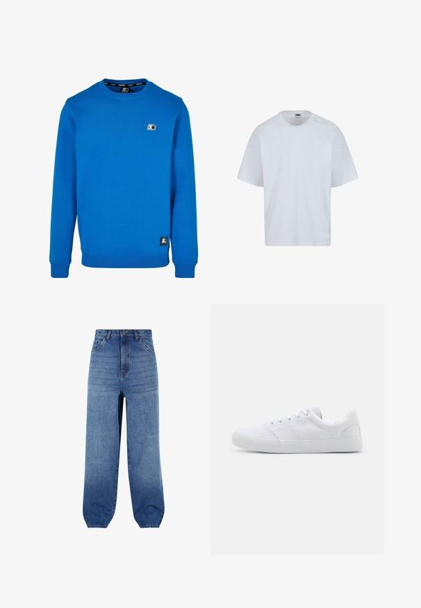 Blå crewneck sweatshirt lavet af bomuldsblanding med ribbede manchetter og kant. Har et lille sort og hvidt logo på brystet.; Hvid bomulds T-shirt med rund halsudskæring, korte ærmer og lige snit. Har subtile syningsdetaljer på skuldrene.; Lyseblå denimjeans med høj talje, løs pasform og snævre manchetter. Har fem lommer og diskret falmning langs fronten.; Hvide lærreds sneakers med gummisål, der har seks snørehuller, en struktureret tåkap og et minimalistisk design.