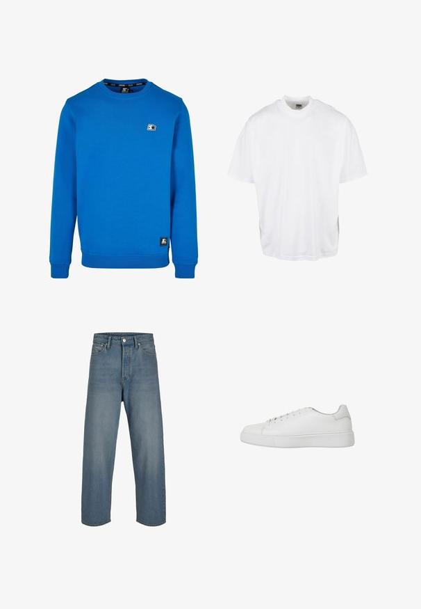 Blå crewneck sweatshirt lavet af bomuldsblanding med ribbede manchetter og kant. Har et lille sort og hvidt logo på brystet.; Hvid bomulds T-shirt med en afslappet pasform, korte ærmer og rund halsudskæring, med en lige kant og ingen synlige grafikker eller mønstre.; Lyseblå denimjeans med en afslappet pasform, høj talje og lige ben. Har forreste lommer og knaplukning.; Hvide sneakers lavet af glat læder med afrundet tå, syede detaljer og flad gummisål. Minimalistisk design med snørebånd.