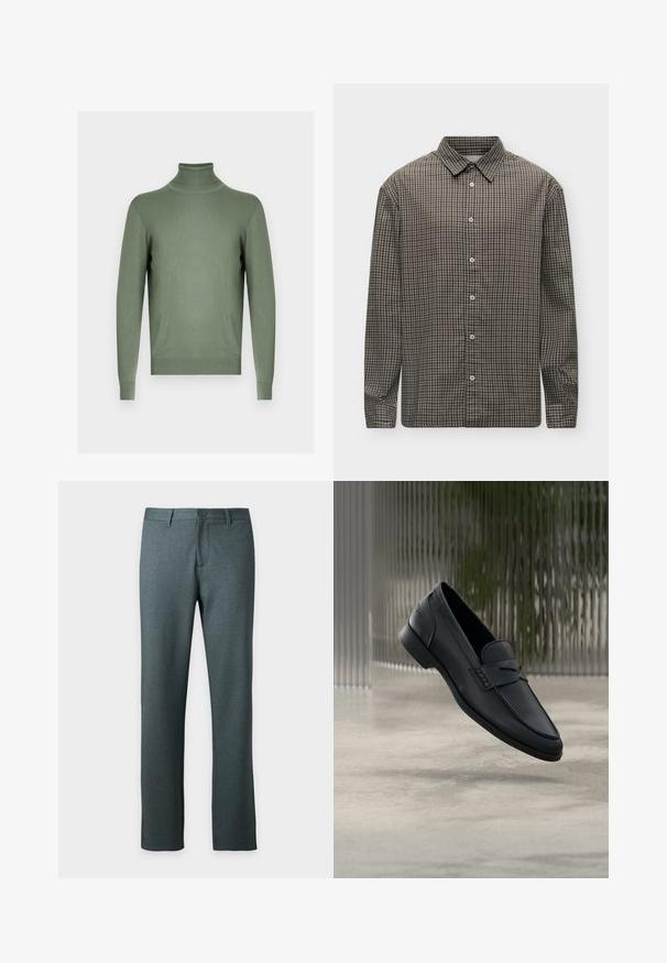 Pull vert à manches longues avec col roulé, col, poignets et ourlet côtelés, présenté sur un fond gris neutre.; Chemise à manches longues boutonnée avec motif à carreaux noir et blanc et col classique sur fond blanc.; Pantalon de costume droit gris foncé pour homme avec fermeture par bouton et passants de ceinture, présenté sur fond blanc.; Mocassin en cuir noir à finition lisse, bout pointu et détails cousus sur le dessus. Talon bas et design minimaliste.