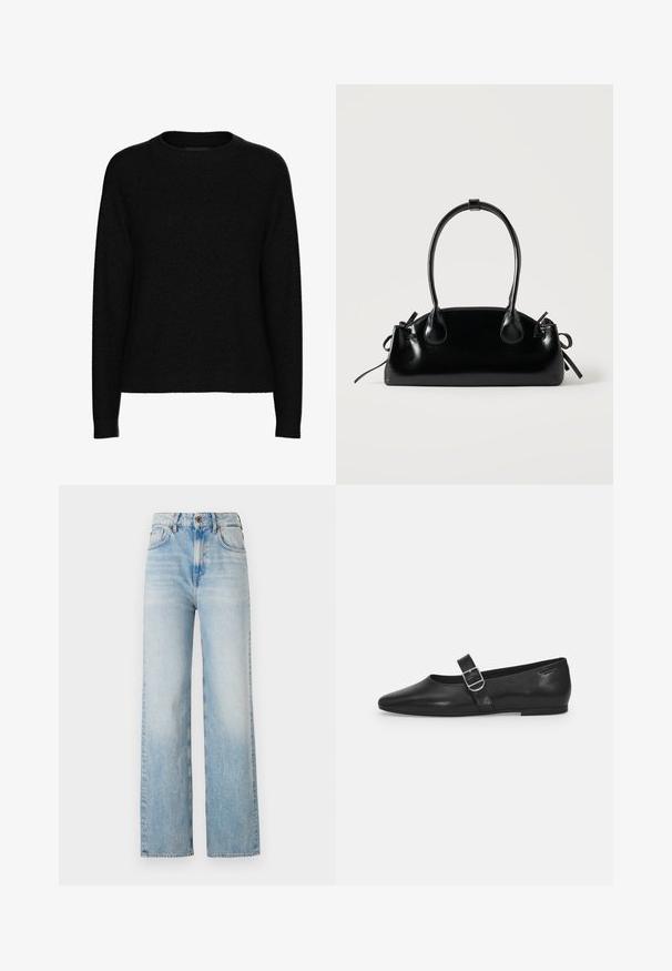 Schwarzer Langarm-Pullover mit Rundhalsausschnitt, geripptem Kragen, Bündchen und Saum, aus weichem strukturiertem Stoff.; Hellblaue weite Jeans aus Denim mit hoher Taille, dezentem Fading und traditionellem fünf Taschen-Design mit kontrastierenden Nähten.; Schwarzer Lederflatschuh mit runder Zehenform, einem verstellbaren Schnallenriemen und einer glatten, glänzenden Oberfläche. Minimalistisches Design mit einem niedrigen Absatz.; Kleine schwarze glänzende Handtasche mit zwei langen Griffen und seitlichen Kordelzug-Details vor einfachem hellem Hintergrund.
