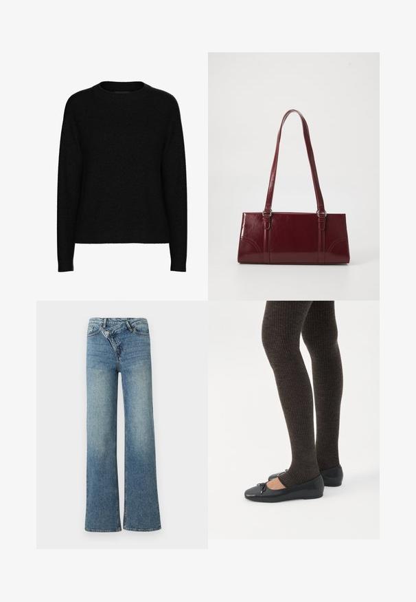 Schwarzer Langarm-Pullover mit Rundhalsausschnitt, geripptem Kragen, Bündchen und Saum, aus weichem strukturiertem Stoff.; Hellblaue Jeans aus Denim mit weitem Bein, hoher Taille, leichter Verblassung und Knopfverschluss vorne. Verfügt über fünf Taschen und minimale Nähte.; Beine in dunklen, gerippten Leggings kombiniert mit schwarzen Ballerinas mit kleinen Schleifendetails auf weißem Hintergrund.; Burgunderfarbene Handtasche aus glänzendem Material, rechteckige Form, mit zwei Schulterriemen und subtilen, geschwungenen Akzenten an der Vorderseite.