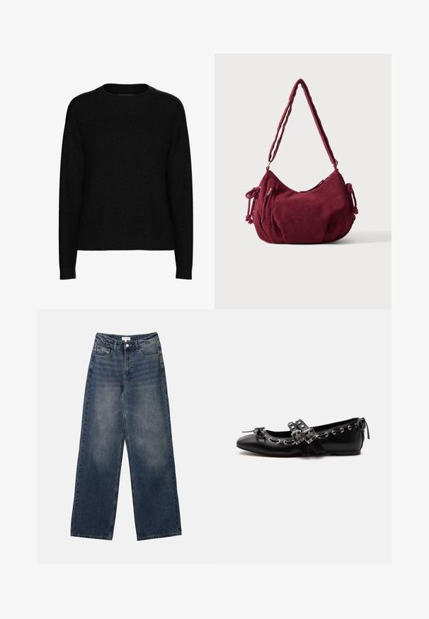 Pull noir à manches longues avec col rond, col, poignets et ourlet côtelés, fabriqué en tissu doux et texturé.; Jeans en denim bleu taille haute pour hommes, avec jambes larges, bouton et fermeture éclair à l'avant, ainsi que poches avant et arrière.; Chaussure de ballet plate noire avec doubles brides à boucle, œillets argentés et petit nœud près de l’orteil arrondi sur fond blanc.; Sac d'épaule en velours côtelé bordeaux doux avec une sangle réglable, fermeture éclair, liens latéraux et une poche avant zippée.