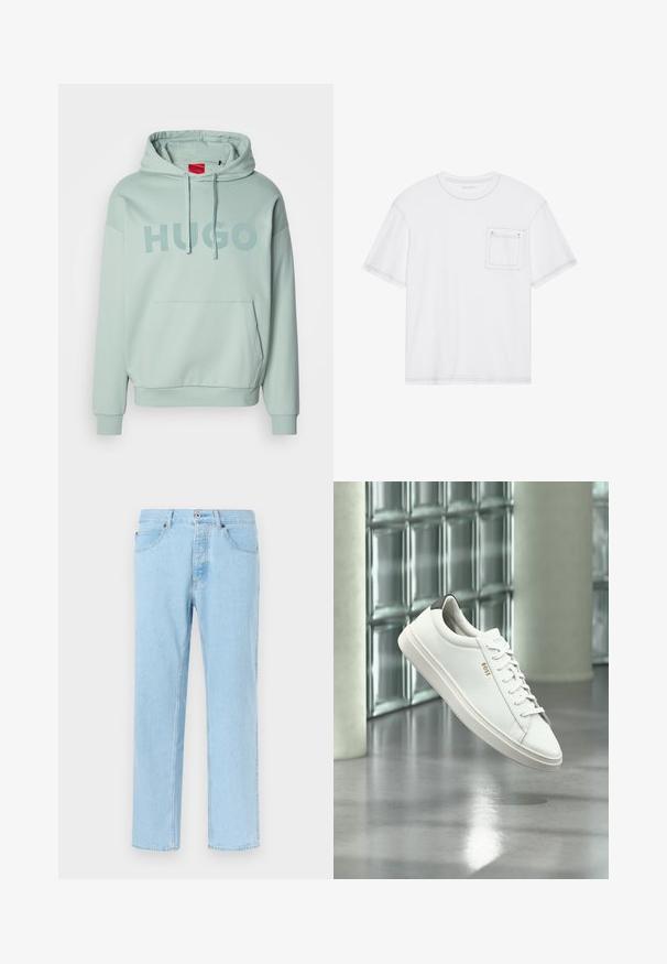 Lichte groene pullover hoodie met een voorste kangoeroezak, een capuchon met trekkoorden en "HUGO" in grote letters op de borst gedrukt.; Witte katoenen t-shirt met korte mouwen, ronde hals en een borstzakje. Heeft contrasterende stiksels langs de randen.; Lichtblauwe denim jeans met rechte pijpen, sluiting met knopen en ritssluiting aan de voorkant, voorzakken en gordel lussen, afgebeeld tegen een effen achtergrond.; Witte leren lage sneaker met veters, zwarte hielstrook en "BOSS"-logo, zwevend binnenshuis bij een glazen stenen muur en gepolijste vloer.