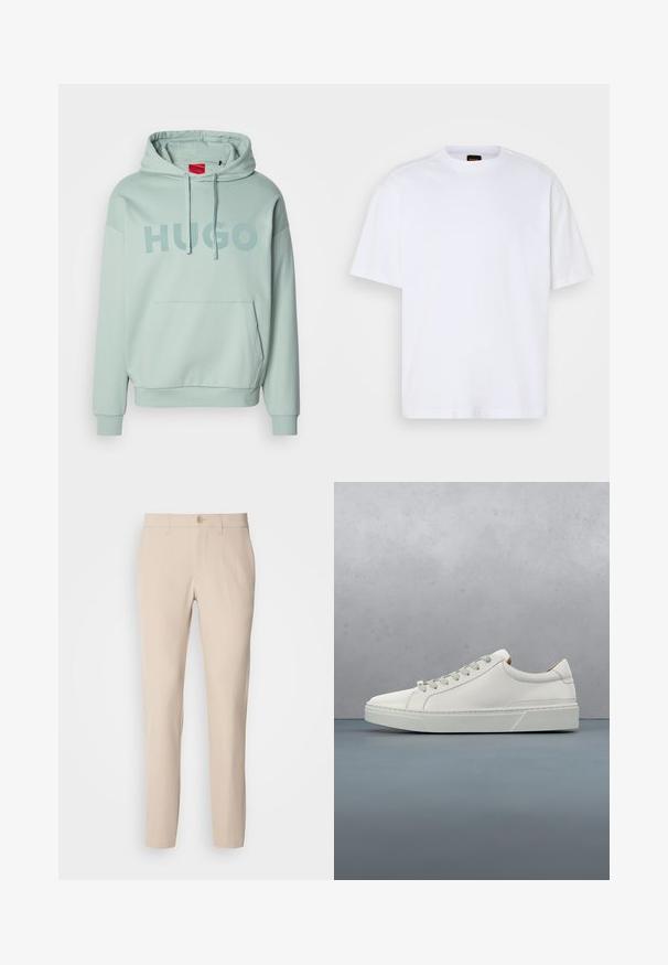 Lysegrøn pullover hoodie med forlommekrave, snørelukning i huen og "HUGO" trykt hen over brystet med store bogstaver.; Hvid bomulds T-shirt med rund hals, korte ærmer og en afslappet pasform. Har strukturerede skuldersømme for ekstra detaljer.; Beige bukser lavet af blødt stof, med knaplukning, lige snit og sidelommer. Glat tekstur med minimale syninger.; Hvid lædersneaker med rund tå, minimalistisk design, grå snørebånd og en tekstureret grå gummisål. Subtile syningsdetaljer er synlige.