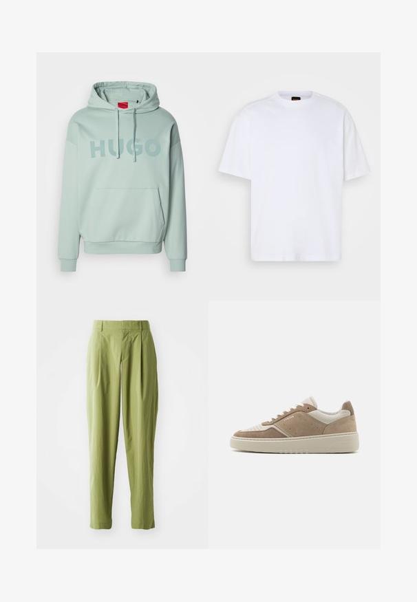 Lichte groene pullover hoodie met een voorste kangoeroezak, een capuchon met trekkoorden en "HUGO" in grote letters op de borst gedrukt.; Witte katoenen T-shirt met ronde hals, korte mouwen en een ontspannen pasvorm. Heeft textuur op de schoudernaden voor extra detail.; Lichtgroene broek van een gestructureerde stof, met een rechte pasvorm, plooien aan de voorkant en een standaard tailleband.; Beige en lichtbruine suède sneakers met een textuur bovenkant, geperforeerde details op de neus en een rubberen zool. Voorzien van witte veters en merkartikelen.