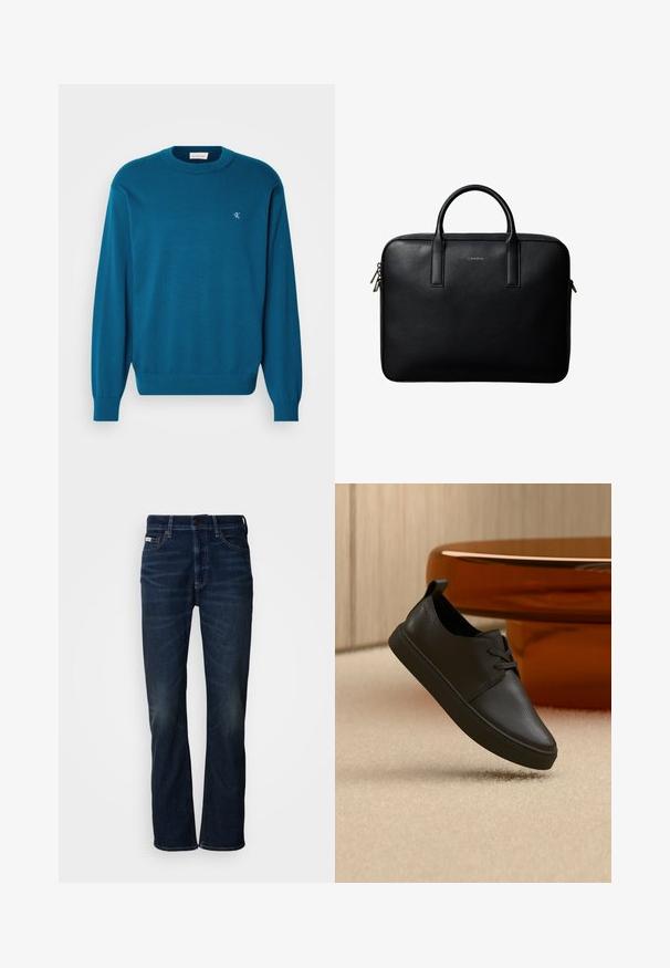 Pull en maille turquoise avec un col rond, des manches longues et un ourlet côtelé. Présente un petit logo en haut à gauche. Texture douce.; Jean en denim bleu foncé avec une coupe droite, présentant une légère décoloration, une fermeture à bouton et un style traditionnel à cinq poches.; Baskets décontractées en cuir noir avec lacets, flottant au-dessus d'un tapis beige, avec une table en verre ambré arrondie en arrière-plan.; Mallette en cuir noir texturé avec double poignées et tirettes de fermeture éclair argentées, centrée sur fond blanc.