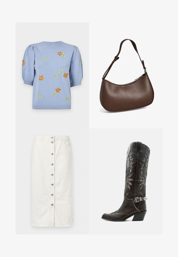 Pull en tricot bleu clair avec des manches bouffantes courtes, orné de fleurs brodées colorées en orange, vert et jaune. Col et ourlet côtelés.; Jupe midi en denim blanc avec fermeture à boutons sur le devant, deux poches latérales et des accents brodés à la taille. Présente un ourlet brut.; Botte de cowboy en cuir noir avec découpes décoratives, boucle argentée et talon incliné, présentée sur fond blanc.; Petit sac bandoulière en cuir marron avec sangle réglable et fermeture éclair, présenté sur fond blanc. Aucun logo ou décoration visible.