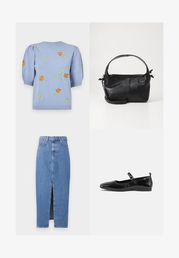 Pull en tricot bleu clair avec des manches bouffantes courtes, orné de fleurs brodées colorées en orange, vert et jaune. Col et ourlet côtelés.; Jupe midi en denim bleu clair avec une fente avant, design classique à cinq poches et fermeture par bouton supérieur. Le tissu présente une légère texture.; Chaussure plate en cuir verni noir avec un bout pointu, une sangle de cheville avec boucles, et une texture lisse et brillante. Talon bas pour le confort.; Sac à main en cuir noir au design structuré, avec une poignée arrondie et une bandoulière amovible. Présente une texture lisse et un éclat subtil.