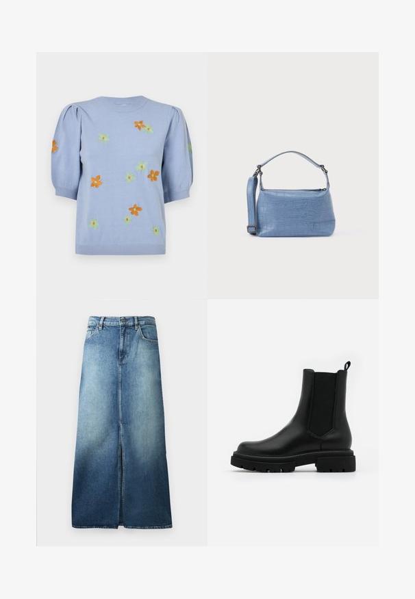 Lyseblå strikket sweater med korte pufærmer, prydet med farverige broderede blomster i orange, grøn og gul. Ribbet halsudskæring og kant.; Denim nederdel i lys til mørkeblå gradient, med en slids foran, standard talje og en lige skæring med opfoldede kanter.; Sorte læder Chelsea-støvler har en glat overflade, elastiske sidetillæg, en løftestang og en kraftig gummisål med en tekstureret slidbane.; Lyseblå taske med krokodillepræg, kort håndtag og aftagelig skulderrem. Glat tekstur med lynlås.