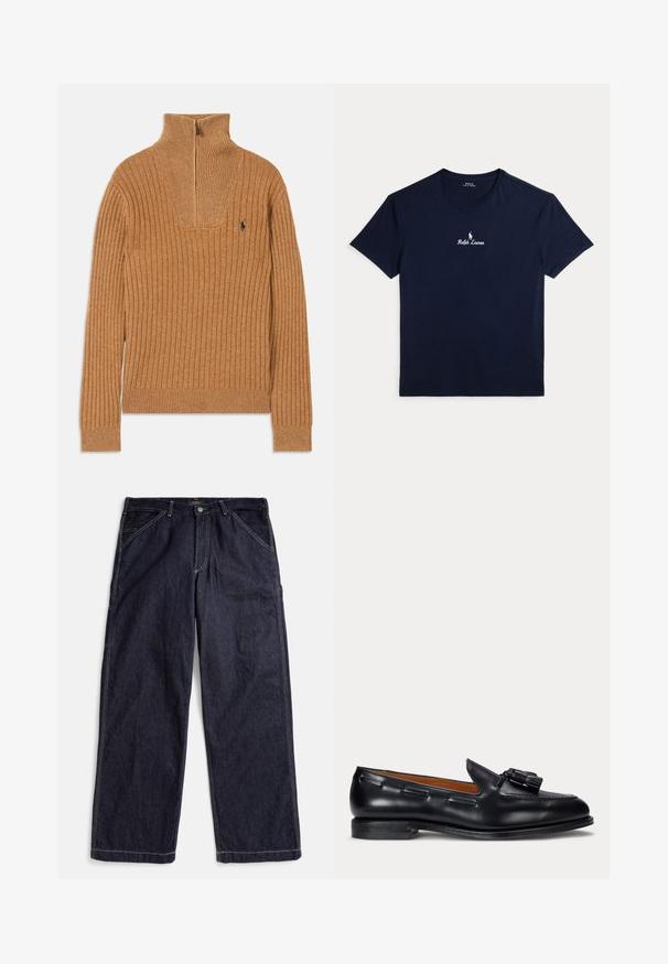 Brun ribbet sweater med høj krave, kvart-lynlås lukning og lille logo på brystet. Blød tekstur, tætsiddende design, lange ærmer.; Marineblå bomulds-t-shirt med rund hals, korte ærmer og en lille hvid broderet logo på brystet. Minimalistisk design.; Mørkeblå denimjeans med lige ben, kontrastsyninger, bæltestropper og forlommer, lagt fladt på en hvid baggrund.; Sort læderloafers med duskedetalje og lav hæl, set fra siden mod en ensfarvet baggrund.