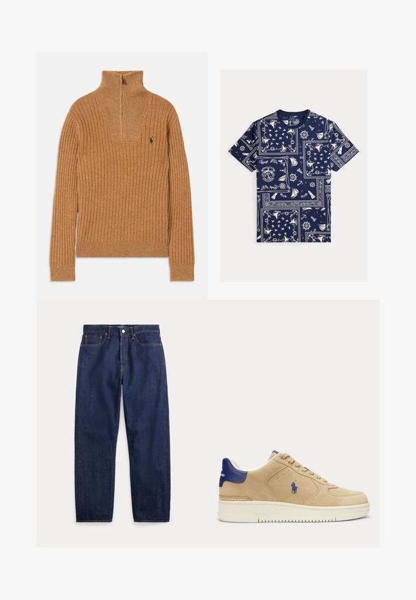 Brun ribbet sweater med høj krave, kvart-lynlås lukning og lille logo på brystet. Blød tekstur, tætsiddende design, lange ærmer.; Marineblå kortærmet skjorte med hvidt nautisk tryk med sejlbåde, ankre, skibsrat, kompasser og fyrtårne.; Mørkeblå denimjeans med lige ben, fem lommer, knaplukning og synlige syninger.; Beige ruskind sneaker med navy blå hælflap og logo, hvid sål, snørelukning og broderi af en polo-spiller på siden.