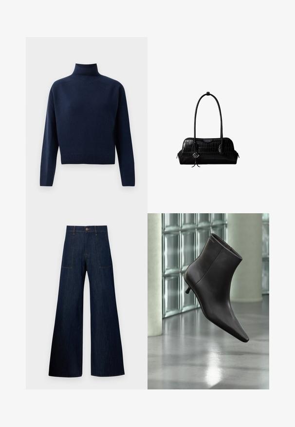 Mørkeblå, langærmet turtleneck sweater med ribbede manchetter, kant og hals, præsenteret på en ensfarvet hvid baggrund.; Mørkeblå vidde jeans lavet af denim, med to forlommer, synlige sømme og en knaplukning i taljen.; Sort læderankelstøvle med spids tå og lille hæl vist mod en væg af glasblokke og poleret gulv baggrund.; Sort skuldertaske i krokodillelæder med lange stropper og lille sølvlogo-charm på den ene strop.