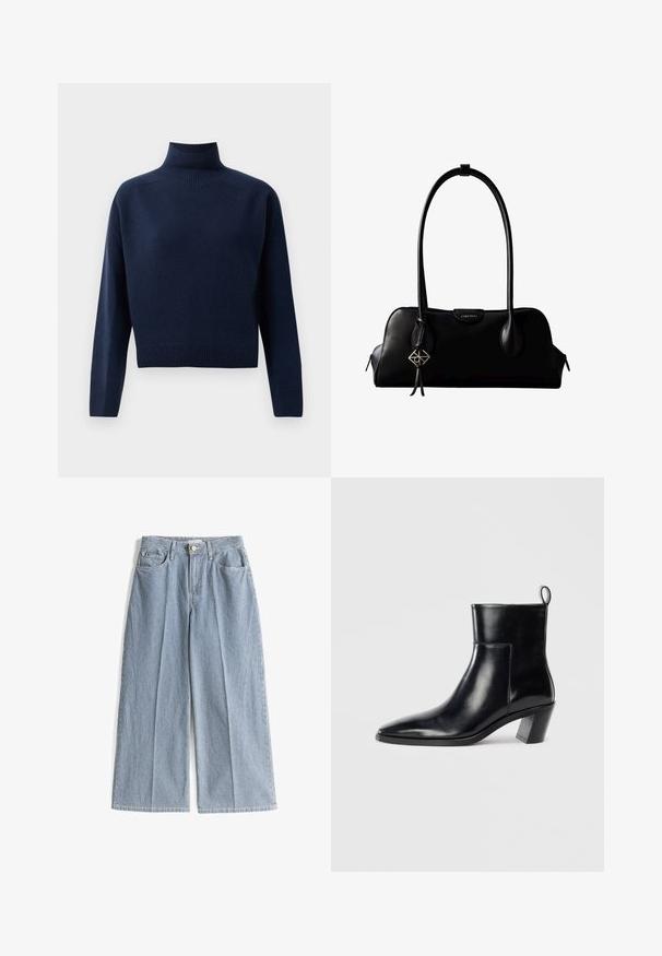 Mørkeblå, langærmet turtleneck sweater med ribbede manchetter, kant og hals, præsenteret på en ensfarvet hvid baggrund.; Breddebenet, vertikalt stribede bukser i blå og hvid med denimstruktur. Har en forreste knaplukning og to sideskåner.; Sort læder ankelstøvle med spids tå, geometrisk stablet hæl og en løftestrop bagpå. Glat tekstur og slankt design.; Sort lædertaske fra Calvin Klein med lange håndtag, en forside-logo-tag og en sølv geometrisk vedhæng, der hænger fra det ene håndtag.