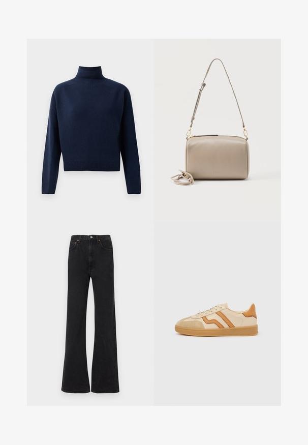 Navy blauwe, lange mouwen coltrui met geribbelde manchetten, zoom en hals, weergegeven op een effen witte achtergrond.; Zwarte jeans met wijde pijpen en een hoge taille, gemaakt van denim. Voorzien van vijf zakken en oranje stikselaccenten. Gladde textuur met een klassieke snit.; Beige sneaker met lichtbruine suède neus, tankleurige leren strepen, rubberen zool en veterdesign, zijaanzicht op een witte achtergrond.; Beige rechthoekige leren schoudertas met verstelbare band en gouden beslag, geplaatst tegen een effen witte achtergrond.