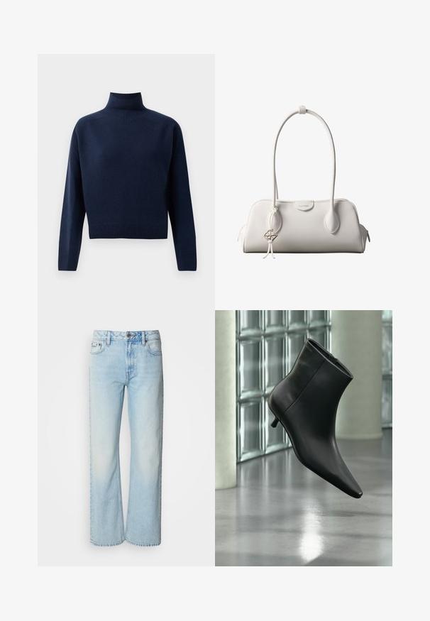 Navy blauwe, lange mouwen coltrui met geribbelde manchetten, zoom en hals, weergegeven op een effen witte achtergrond.; Lichtblauwe wijde jeans van denim, voorzien van een klassiek vijf-pocket ontwerp en een subtiele vervaagde textuur. Denimstiksels zijn zichtbaar.; Zwarte leren enkellaars met spits toelopende neus en lage kittenhak, schuin weergegeven tegen een gepolijste vloer en een glazen blokken muur als achtergrond.; Witte Calvin Klein schoudertas met lange hengsels, rechthoekige vorm, ritssluiting en decoratieve logohanger bij het hengsel.