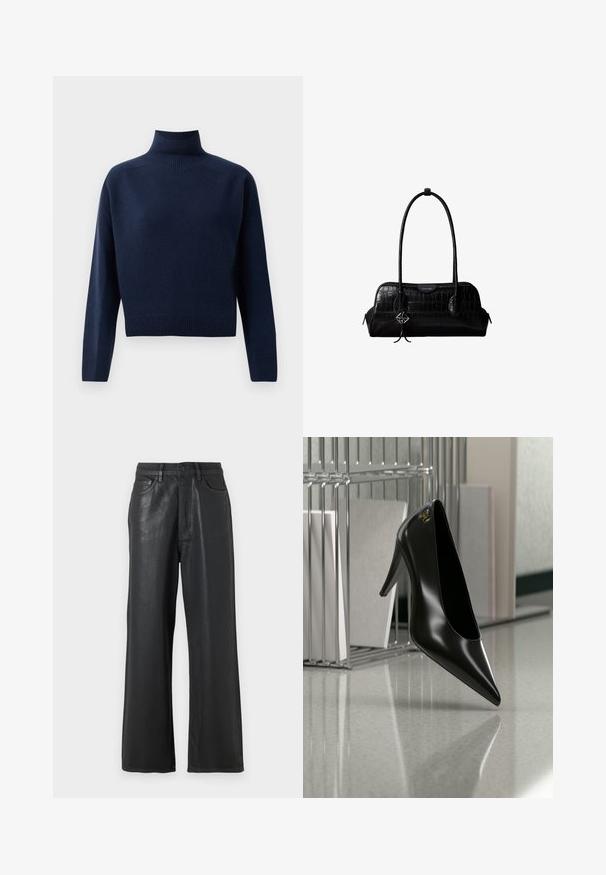 Navy blauwe, lange mouwen coltrui met geribbelde manchetten, zoom en hals, weergegeven op een effen witte achtergrond.; Zwarte wijde broek gemaakt van een glanzend materiaal. Bevat een knoopsluiting, riemlussen en voorzakken met een gladde structuur.; Zwart hooggehakt schoen met puntige neus en gouden logo, geplaatst op een reflecterend oppervlak naast een verchroomde draadordner met documenten.; Zwarte schoudertas van leer met krokodillenstructuur, lange banden en een klein zilveren logohanger aan één band.