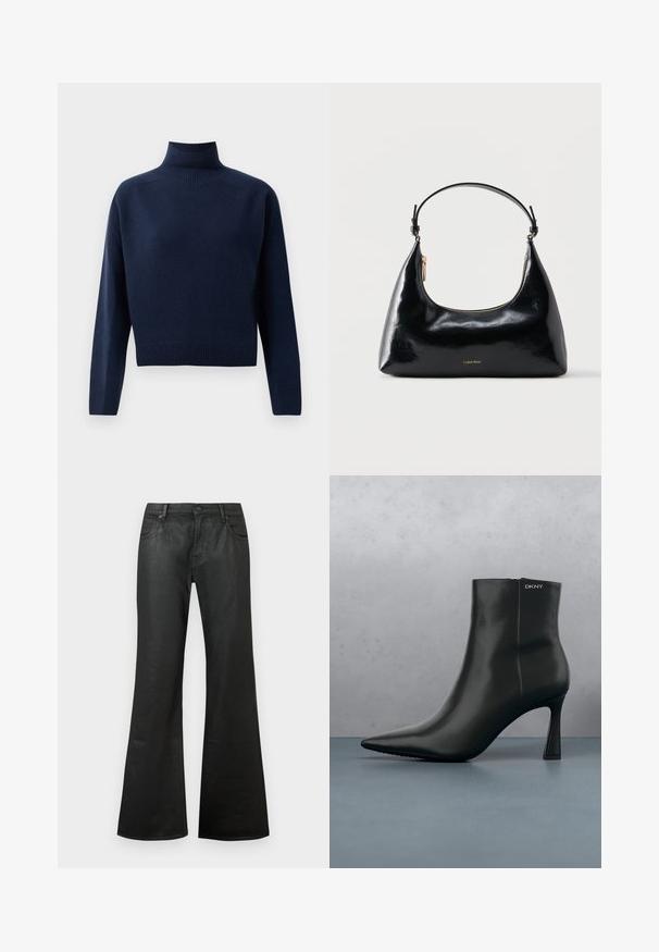 Suéter de cuello alto de manga larga en azul marino, con puños, dobladillo y cuello acanalados, presentado sobre un fondo blanco liso.; Jeans acampanados negros de mezclilla con una textura suave, cintura estándar, estilo de cinco bolsillos y cierre de botón.; Botín de cuero negro con punta afilada y un tacón geométrico. Presenta un sutil branding y una textura suave. El fondo tiene baldosas con textura.; Bolso negro brillante de Calvin Klein con cremallera dorada y correa corta sobre un fondo blanco liso.