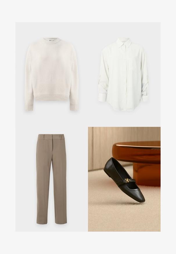 Cremefarvet strikket sweater med lange ærmer, ribbede manchetter, kant og rund halsudskæring, mærket "DRYKORN" inden i kraven.; Hvid langærmet skjorte med krave, enkelt brystlomme og opsmøgede ærmer. Blødt, glat stof og afslappet pasform.; Klassiske kaki bukser med lige ben, bæltestropper og lynlås foran på hvid baggrund.; Sort læder flad sko med spids tå og gyldent CK-logo på rem, placeret på beige tæppe nær et rundt ravbrunt bord.
