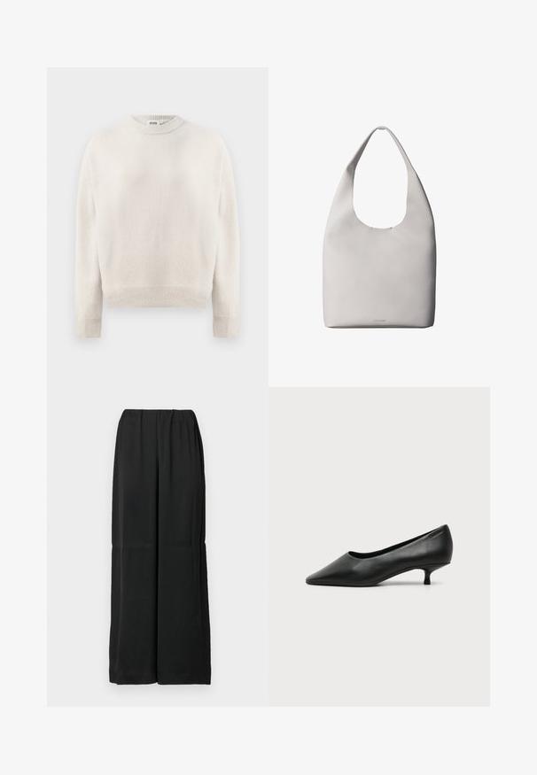 Suéter de punto color crema con mangas largas, puños acanalados, dobladillo y escote redondo, etiquetado "DRYKORN" en el interior del cuello.; Pantalones negros de pierna ancha hechos de tela suave, con una cintura elástica y un diseño limpio y minimalista. Sin bolsillos ni adornos.; Zapato de mujer negro de cuero con tacón bajo, puntera puntiaguda y pequeño tacón kitten sobre fondo claro liso.; Bolso tote de cuero blanco con una sola correa para el hombro, textura suave y logo discreto de Calvin Klein cerca del centro inferior.