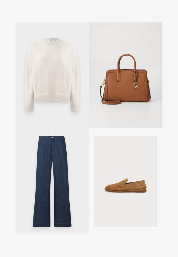 Cremefarvet strikket sweater med lange ærmer, ribbede manchetter, kant og rund halsudskæring, mærket "DRYKORN" inden i kraven.; Mørkeblå jeans med vide ben, forreste plisseringer, bæltestropper og knaplukning i taljen.; Tanfarvet ruskindsloafers med lav gummisål, synlige syninger og klassisk penny-sprække-detalje, vist fra venstre sideprofil på hvid baggrund.; Brun læderhåndtaske med struktureret design, dobbelte håndtag, aftagelig skulderrem, guldfarvet hardware og en dekorativ charm.