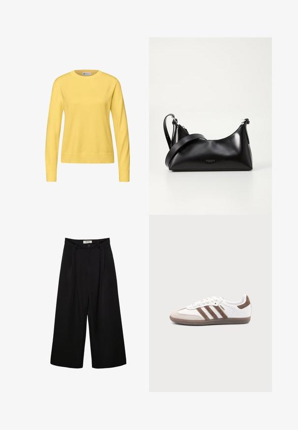 Pull jaune tricoté avec un col rond, des manches longues, des poignets et un ourlet côtelés. Texture lisse, coupe décontractée, sans motifs ni ornements.; Pantalon noir à jambes larges avec taille haute, présentant des plis à l'avant, deux poches latérales et une fermeture par bouton. Texture de tissu lisse.; Baskets Adidas Samba blanches avec des bandes en daim marron, semelle en caoutchouc marron et bout en daim beige, vues du côté extérieur sur un fond uni.; Sac à main en cuir noir avec une texture lisse. Dispose d'une bandoulière adjustable et d'un design élégant et minimaliste avec une fermeture éclair.