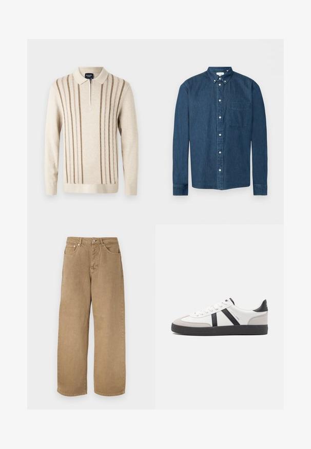 Pull en tricot zippé beige avec des rayures verticales marron, un col et des manches longues. Texture douce avec une coupe décontractée.; Chemise en denim bleu foncé boutonnée, manches longues, une poche avant à gauche et un col boutonné, présentée sur fond blanc.; Pantalon beige en coton à jambes droites, avec bouton sur le devant, fermeture éclair, passants pour ceinture, et design à cinq poches, présenté sur un fond blanc.; Baskets blanches avec des accents noirs et gris, présentant un embout texturé gris, une semelle en caoutchouc noir et des lacets plats blancs. Design épuré, style minimaliste.