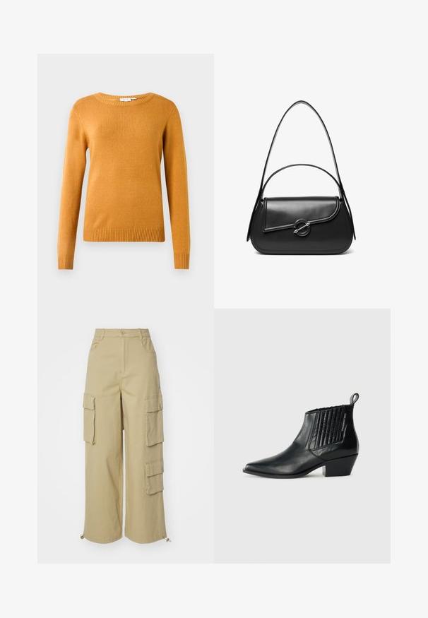 Senfgelbes Sweatshirt, weicher Strickstoff, Rundhalsausschnitt, lange Ärmel, gerippter Saum und Bündchen, leichtes Design ohne Muster oder Akzente.; Beige Cargo-Hose mit weitem Bein, zwei großen Seitentaschen, Vordertaschen und einem Kordelzugdetail am Saum. Baumwoll-Mischgewebe.; Schwarze Leder-Ankle-Boots mit spitzer Zehe, gequiltetem Seitenpanel und niedrigem Blockabsatz. Dezentes Branding an der Seite.; Schwarze Lederschultertasche mit einer geschwungenen Klappe, die durch einen runden Metallverschluss gesichert ist, und einem schlanken, verstellbaren Riemen.