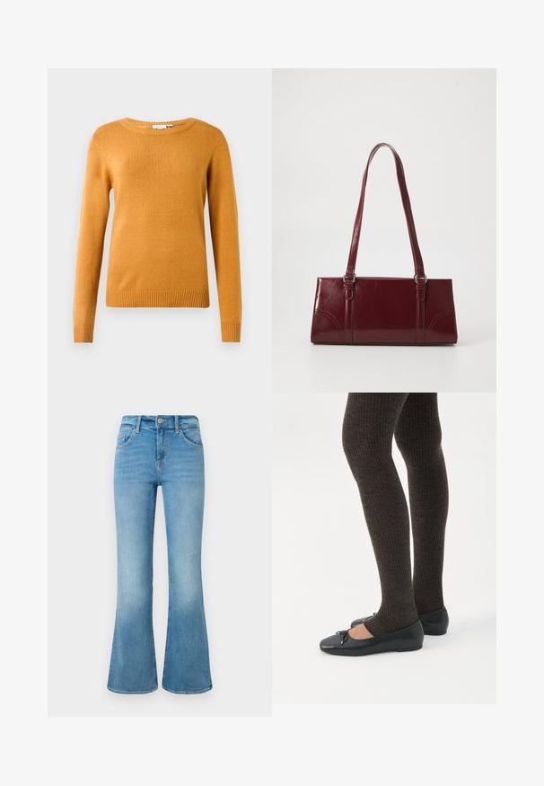 Sennepsgul sweater, blødt strikket stof, rund halsudskæring, lange ærmer, ribbede kanter og manchetter, let design uden mønstre eller udsmykninger.; Lyseblå denim flare jeans med forlommer, bæltestropper og knaplukning mod en hvid baggrund.; Ben iført mørke ribbede leggings kombineret med sorte balletsko med små sløjfedetaljer på hvid baggrund.; Bordeaux håndtaske lavet af glansfuldt materiale, rektangulær form, med to skulderremme og subtile buede detaljer på forsiden.